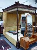 A 19th.C.AND LATER MAHOGANY FOUR POSTER BED WITH CARVED CANOPY. INSIDE WIDTH 153cms.