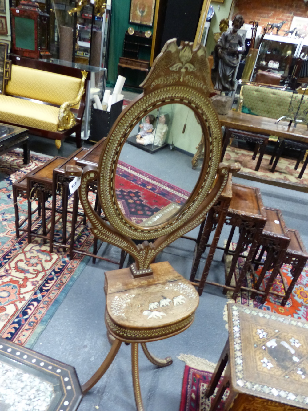 AN INDO PERSIAN INLAID HARDWOOD DRESSING MIRROR ON STAND, ALL OVER BANDED DECORATION WITH ANIMAL AND - Image 2 of 25