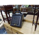 A COAL BOX AND TWO OCCASIONAL TABLES.