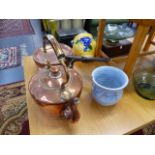 A VICTORIAN COPPER KETTLE, A COPPER SAUCEPAN AND LID, VARIOUS CHINA AND GLASS AND A WORK BOX.
