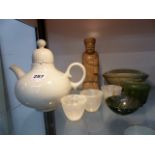 AN ORIENTAL WHITE TEAPOT, HARDSTONE BOWLS,ETC.