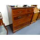 AN EDWARDIAN MAHOGANY AND INLAID CHEST OF TWO SHORT AND THREE LONG DRAWERS.