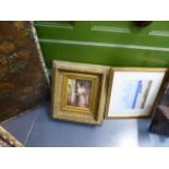 A GILT FRAMED PRINT OF A GIRL BY A WINDOW AND ONE OTHER.