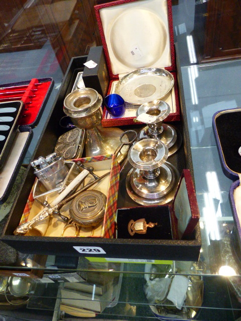 THREE HALLMARKED SILVER CANDLESTICKS, A WINSTON CHURCHILL SILVER COMMEMORATIVE DISH,ETC.