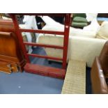 A PAINTED KITCHEN HANGING RACK AND A WICKER BASKET.