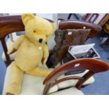 A TEDDY BEAR, VARIOUS PRINTS AND A FOLDING TABLE.