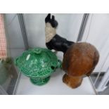 A VINTAGE CAST IRON FRENCH BULLDOG DOORSTOP, AN AFRICAN CARVED HEAD AND A GREEN BASKETWARE BOWL