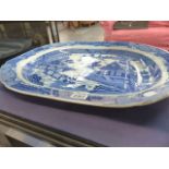 A LARGE VICTORIAN BLUE AND WHITE TURKEY PLATE.