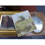 AN OIL ON CANVAS BY HELEN MACGREGOR TOGETHER WITH A COASTAL SCENE OIL PAINTING AND A SMALL MIRROR.