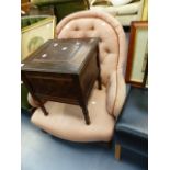 A VICTORIAN BUTTON BACK ARMCHAIR, A LATE VICTORIAN LADIES CHAIR AND A COMMODE.