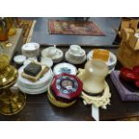 A QTY OF DINNERWARES, A BRASS LAMP,ETC