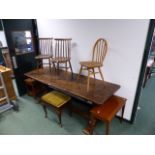 THREE CHAIRS, A SIDE TABLE AND TWO PIANO STOOLS.