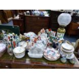 A QTY F STAFFORDSHIRE FIGURINES, A VICTORIAN OIL LAMP,ETC.