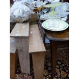 THREE PINE WALL SHELVES, A PINE TRUNK AND VARIOUS CURTAINS.