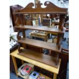 A SET OF VICTORIAN OAK WALL SHELVES AND A MODERN SIDE TABLE.