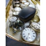 A BOX OF VARIOUS POCKET WATCHES.