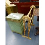 A LOOM LINEN BOX AND A TOWEL RAIL.