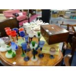 A ROSEWOOD WORKBOX AND VARIOUS GLASSWARE,ETC.
