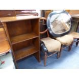 A SMALL OAK BOOKCASE AND THREE VICTORIAN CHAIRS.