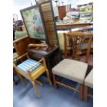 A SMALL OAK BARLEY TWIST TABLE, A PIANO STOOL, A RECLINING CHAIR,ETC.