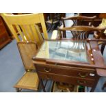 A SMALL OAK GATELEG TABLE AND A MAHOGANY DRESSING TABLE TOGETHER WITH A HIGH BACK CANE SEAT CHAIR.