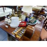 A MANTLE CLOCK, TABLE LAMPS, CUTLERY,ETC.