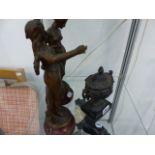 A PAIR OF VICTORIAN SPELTER FIGURINES TOGETHER WITH A LIDDED URN ON PLINTH BASE.