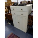 A PAINTED TALL BOY, A LOOM CHAIR, A TWO DRAWER OAK CHEST, A STOOL AND AN OCCASIONAL TABLE.