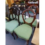 A SET OF EDWARDIAN SIDE CHAIRS AND A PAIR OF VICTORIAN BALLOON BACK CHAIRS.
