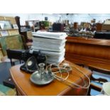 A VINTAGE TELEPHONE AND A QTY OF HOROLOGY BOOKS.