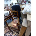 A 19th.C.RUSH SEAT LADDER BACK CHAIR AND A COPPER WARMING PAN.