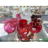 A QTY OF CRANBERRY AND OTHER GLASSWARE.