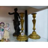 A PAIR OF GILT BRASS CANDLESTICKS AND A SPELTER CLASSICAL FIGURE.