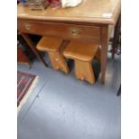 AN OAK SIDE TABLE, THREE BOOK TROUGHS, A BOOKCASE, STOOLS ,ETC.