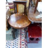 A SMALL INLAID TABLE AND A PLANTSTAND TOGETHER WITH A MAGAZINE RACK.