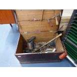 AN ANTIQUE OAK TOOL BOX AND CONTENTS.