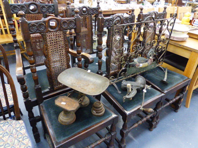 A SET OF FIVE OAK DINING CHAIRS.