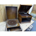 TWO OAK CASED GRAMOPHONES FOR RESTORATION.