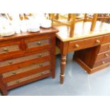 A SMALL PINE DESK, FOUR OAK CHAIRS AND A MODERN CHEST OF DRAWERS.