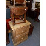 A PINE TWO DRAWER CHEST, STICKSTAND, OCCASIONAL TABLE AND A STOOL.