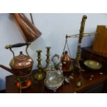 A BRASS BEAM BALANCE, A SPIRIT KETTLE, CRUET SET,ETC.