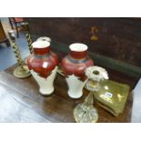 A CHESTNUT ROASTER, TWO PAIRS OF CANDLESTICKS AND A PAIR OF VASES.