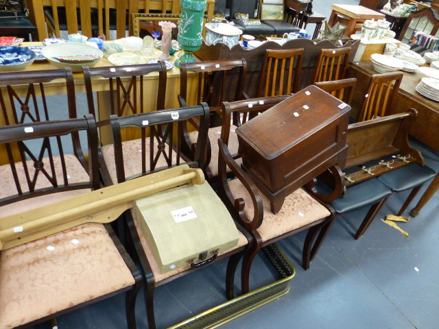 A SET OF SIX REGENCY STYLE DINING CHAIRS AND A SET OF FOUR RETRO TEAK CHAIRS.