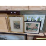 A PAIR OF COLOUR ETCHING AND OTHER DECORATIVE PICTURES.