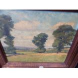 AN ANTIQUE OIL ON CANVAS LANDSCAPE WITH TREES.