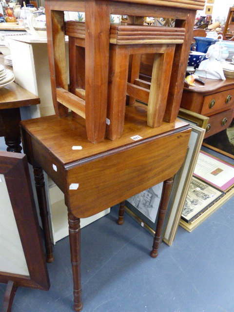 A VICTORIAN MAHOGANY SMALL WORK TABLE AND A NEST OF TWO TABLES.