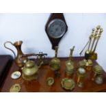 FOUR ANTIQUE BRASS WHEEL HUBCAPS, A BAROMETER,ETC.