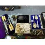 A SELECTION OF SILVER HANDLED CUTLERY TOGETHER WITH A MOTHER OF PEARL CARD CASE, ETC.