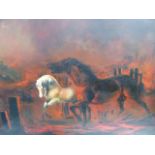 A LARGE OIL ON CANVAS OF HORSES AMIDST FIERY RUINS.