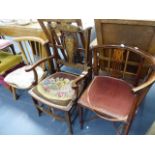 TWO EDWARDAIN INLAID CHAIRS, THREE STOOLS AND AN ERCOL CHAIR,